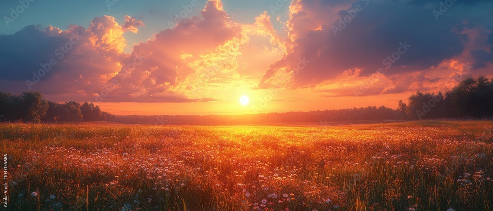 Serene Sunset Over Tranquil Field, Long Shadows Embrace the Earth, Peaceful Evening Atmosphere, Warm Colors Fill the Horizon Serene Sunset Over Tranquil Field, Long Shadows Embrace the Earth, Peaceful Evening Atmosphere, Warm Colors Fill the Horizon