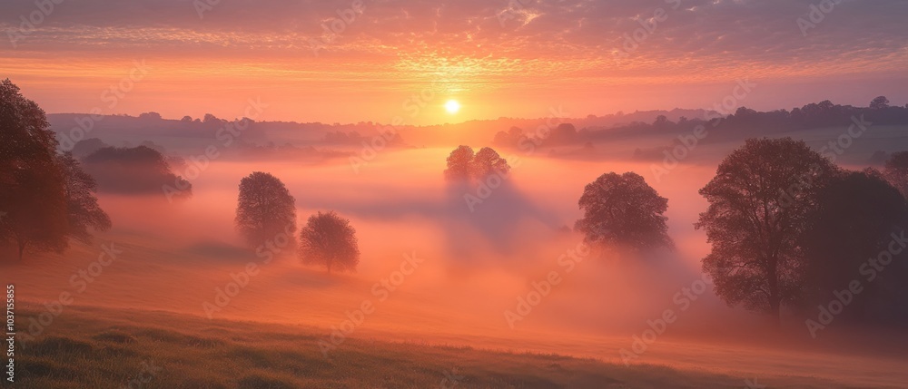 Serene dawn in a tranquil valley, gentle mist enveloping trees, soft light illuminating the peaceful landscape. Serene dawn in a tranquil valley, gentle mist enveloping trees, soft light illuminating the peaceful landscape.