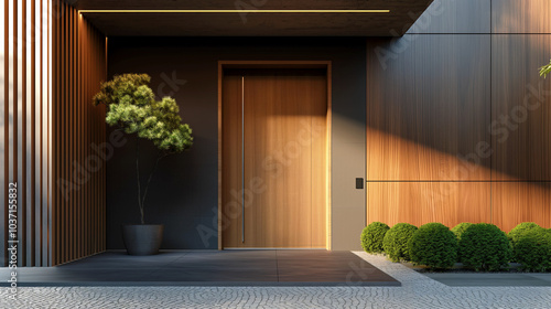 Contemporary wooden front door with sleek modern design and minimalist landscaping