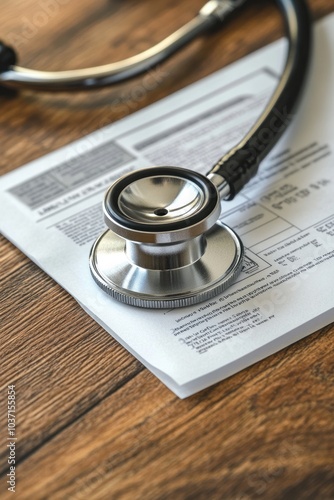 A stethoscope resting on a medical document on a wooden surface.