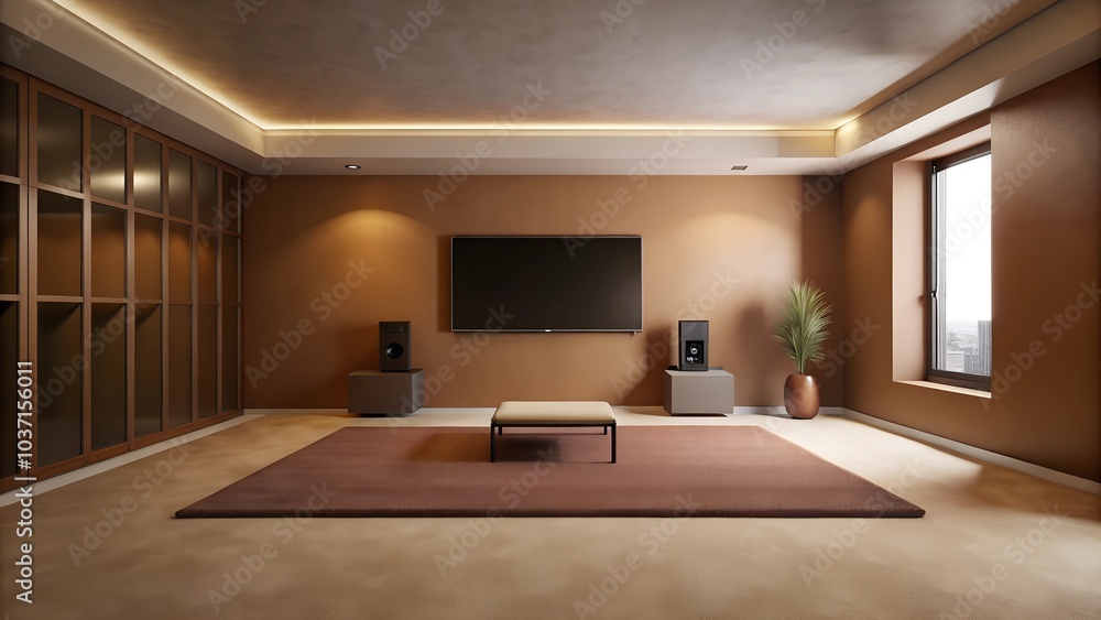Fototapeta premium Minimalist interior design of modern entertainment room with carpet brown wall