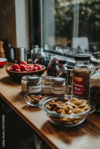 A kitchen countertop with various jars, nuts, and fruits arranged for healthy eating. photo