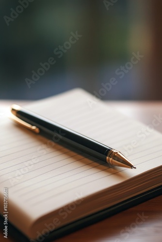 A black pen rests on an open notebook with lined pages, suggesting writing or note-taking.