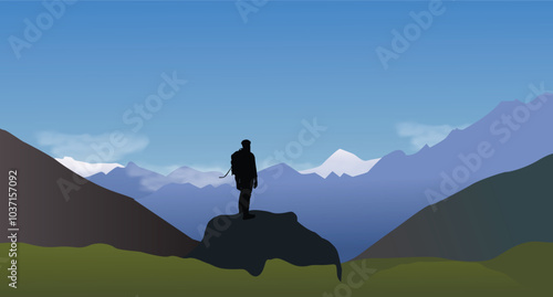 A trekker stands alone atop a mountain, silhouetted against a vast, tranquil landscape. This minimalist vector illustration captures the essence of adventure, achievement.