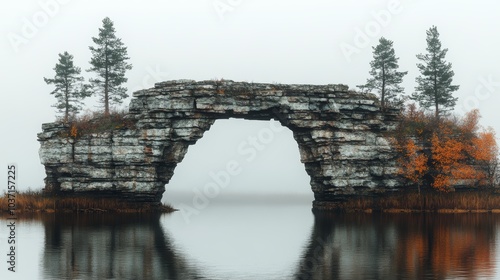 Natural stone arch over tranquil mountain lake 