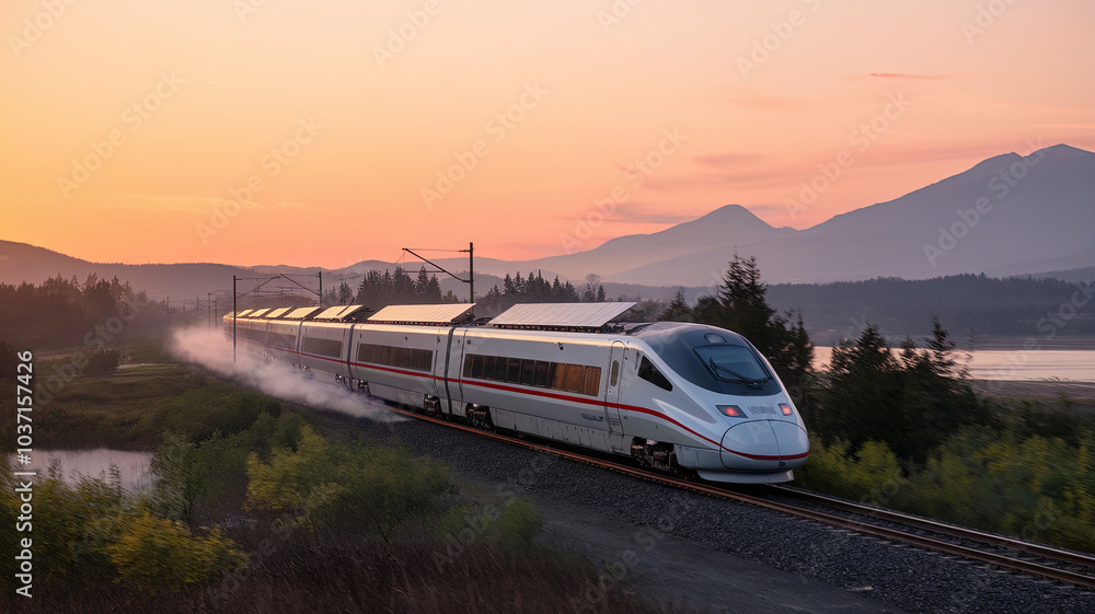 Fototapeta premium high speed electric train travels along scenic route at sunset, showcasing its sleek design and solar panels. beautiful landscape enhances trains modern technology