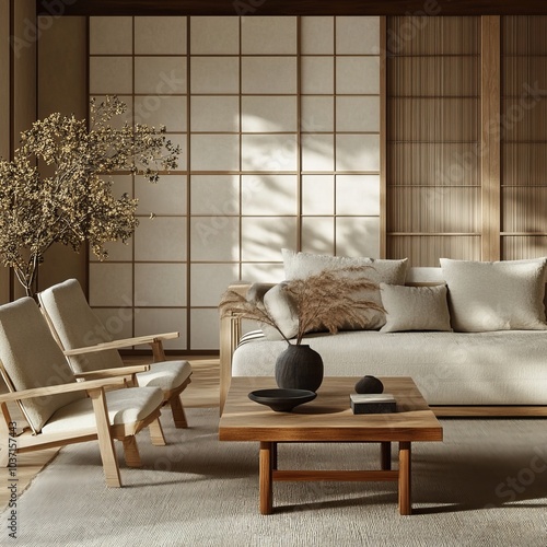 The room highlights minimalist Japanese design with natural wood elements, creating a peaceful and harmonious living space. photo