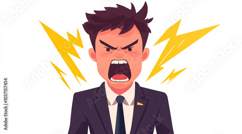  Intense Angry Businessman Illustration with Dramatic Expressions on white background, Ideal for Illustrating Workplace Conflicts, Stress, and Business Frustration photo