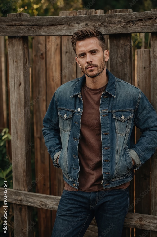 Casual man in a denim jacket posing in front of a rustic wooden fence during a sunny afternoon Casual man in a denim jacket posing in front of a rustic wooden fence during a sunny afternoon