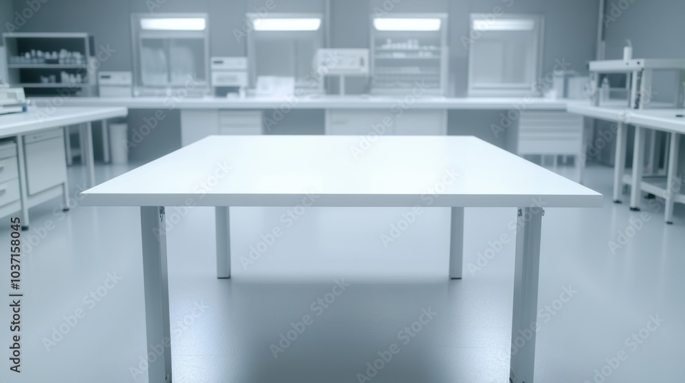 Fototapeta premium Empty white table in a high-tech lab, providing space for product or gadget display. Perfect for modern research settings.