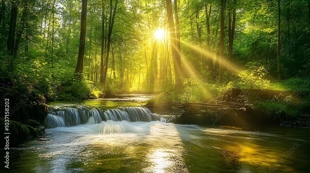 154. A tranquil river flowing through a dense forest, with sunlight streaming through the leaves 154. A tranquil river flowing through a dense forest, with sunlight streaming through the leaves