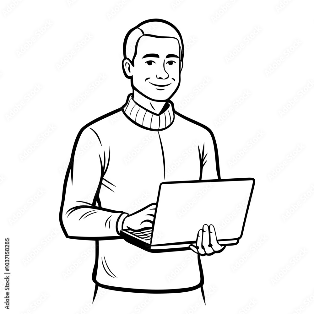 Smiling man holding laptop and looking at camera in sketch style with copy space Smiling man holding laptop and looking at camera in sketch style with copy space
