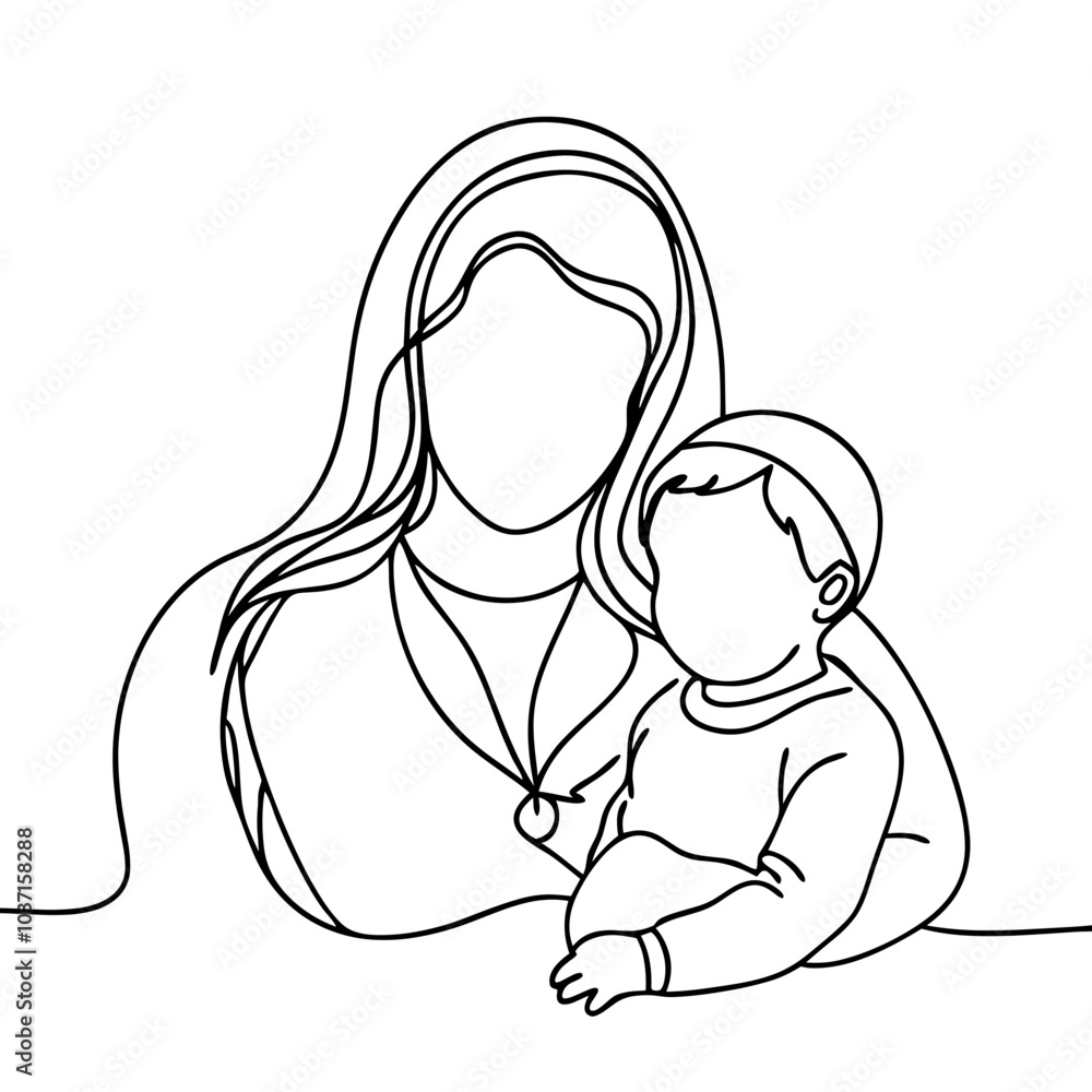 Lines art of mother holding baby with gentle expression and copy space
Lines art of mother holding baby with gentle expression and copy space