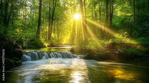 154. A tranquil river flowing through a dense forest, with sunlight streaming through the leaves