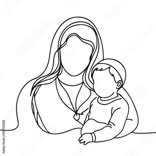 Lines art of mother holding baby with gentle expression and copy space
