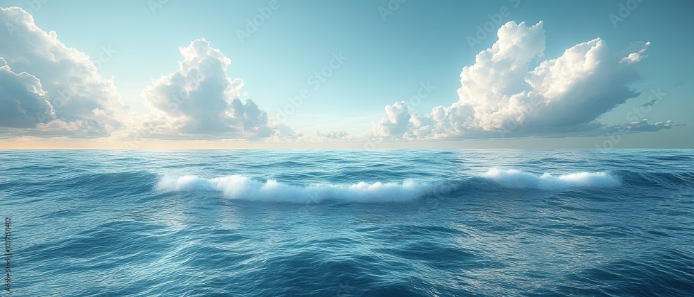 Fototapeta premium Tranquil Ocean Waves, gentle surf caressing the sandy beach, soft clouds drifting in a minimalist sky, evoking peace and serenity.