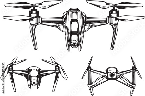 Set FPV Drone. Hand drawn vector illustration