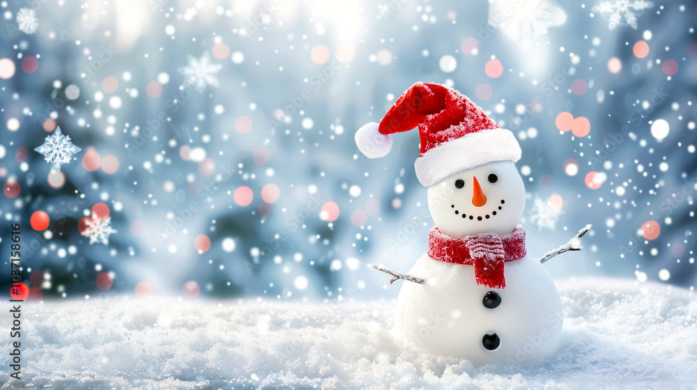 Cute little snowman with a Santa hat in a winter scene with trees and lights in the background Cute little snowman with a Santa hat in a winter scene with trees and lights in the background