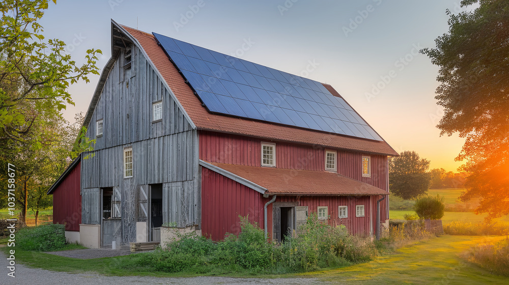 picturesque rural barn featuring solar panels on its roof, surrounded by lush greenery and bathed in warm sunset light. This scene captures harmony between traditional architecture and modern picturesque rural barn featuring solar panels on its roof, surrounded by lush greenery and bathed in warm sunset light. This scene captures harmony between traditional architecture and modern