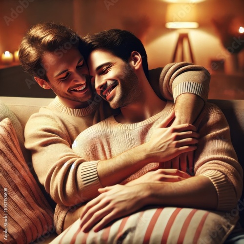 Two man sharing a warm, embrace, platonic love or romantic love, bromance,