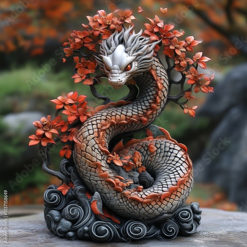 Detailed dragon sculpture amidst vibrant autumn leaves, showcasing intricate scales and dramatic, fierce expression. photo