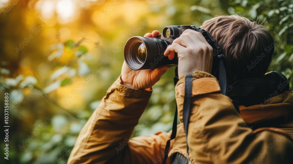 A person photographing nature with a camera in a lush green environment. A person photographing nature with a camera in a lush green environment.