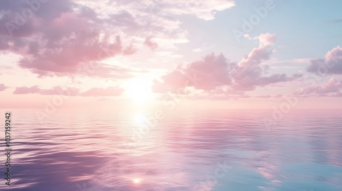 over a calm ocean, with soft pastel colors reflecting on the water