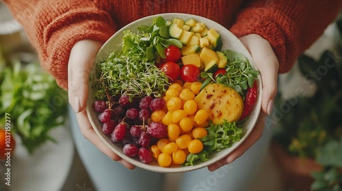 Person presenting a calorieconscious lunch plate with a focus on healthful ingredients in a minimalist space photo