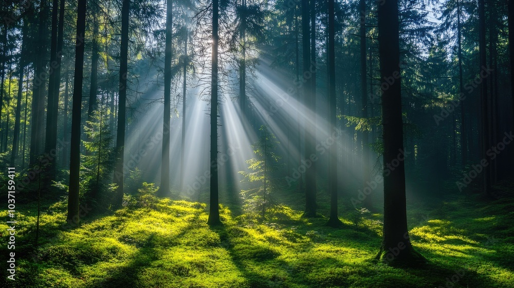 Fototapeta premium Serene Forest with Sunlight Breaking Through Trees