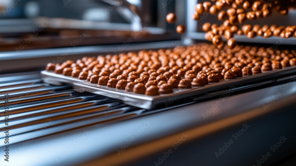 Chocolate Candies on Conveyor Belt in Production Line Chocolate Candies on Conveyor Belt in Production Line