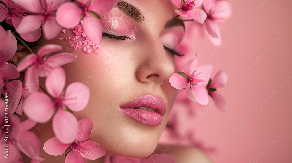 Woman with pink floral makeup and delicate blossoms in dreamy close-up. Banner with copy space Woman with pink floral makeup and delicate blossoms in dreamy close-up. Banner with copy space