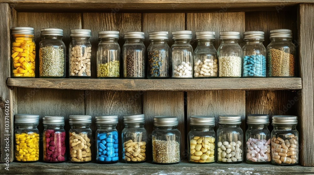 Bottled sleep aid supplements displayed on rustic wooden shelf with natural plant extracts and soft lighting Bottled sleep aid supplements displayed on rustic wooden shelf with natural plant extracts and soft lighting