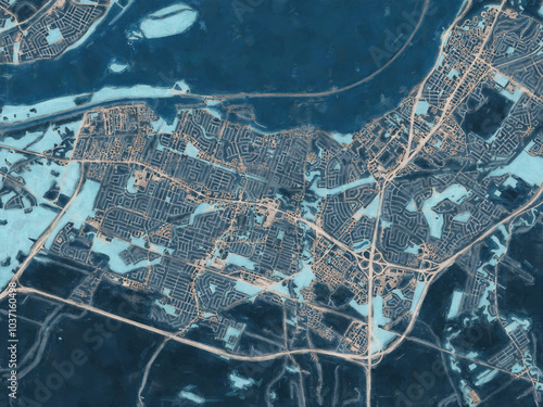 Painterly Style City Map of Candiac - Sainte-Catherine Quebec, Canada in a Blue Color Scheme.