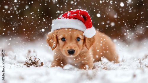 A cute puppy wearing a Santa hat and playing in the snow.