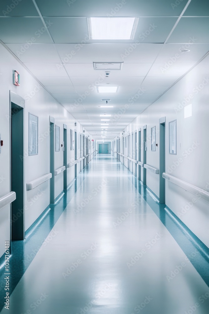 A long, bright corridor in a hospital with closed doors on each side. A long, bright corridor in a hospital with closed doors on each side.