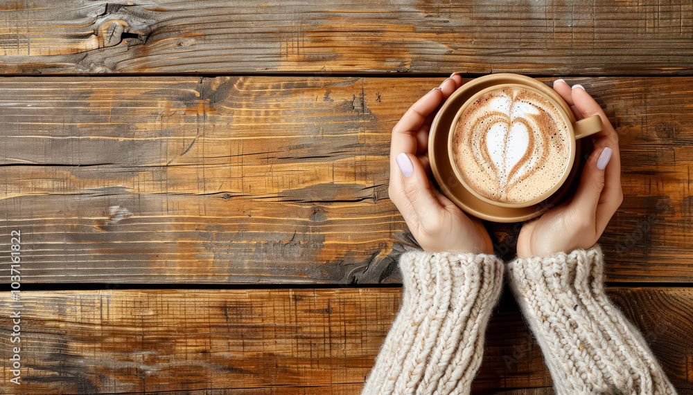 Person holding a cup of coffee with a heart design on it. The coffee is hot and the person is wearing a sweater Person holding a cup of coffee with a heart design on it. The coffee is hot and the person is wearing a sweater