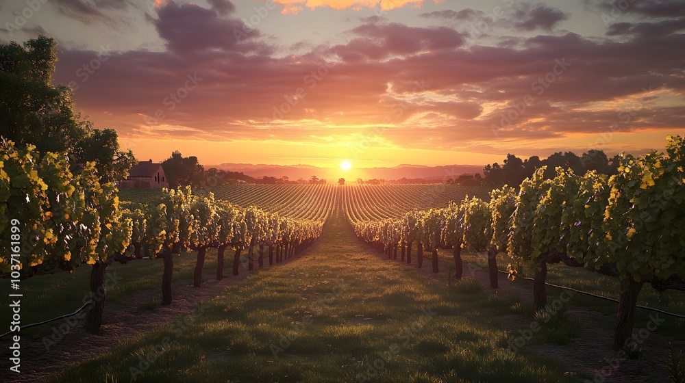Obraz premium 176. A peaceful sunset over a vineyard, with rows of grapevines stretching into the distance