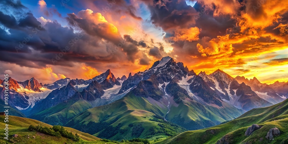 Breathtaking Sunset Over the Caucasus Mountains in Georgia - Architectural Photography of Nature's Beauty Breathtaking Sunset Over the Caucasus Mountains in Georgia - Architectural Photography of Nature's Beauty