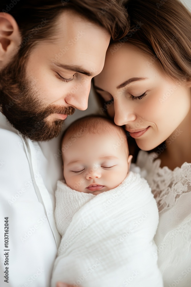 A tender moment of a couple embracing their sleeping baby in a serene setting. A tender moment of a couple embracing their sleeping baby in a serene setting.