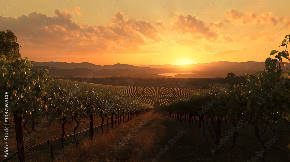 Obraz premium 176. A peaceful sunset over a vineyard, with rows of grapevines stretching into the distance