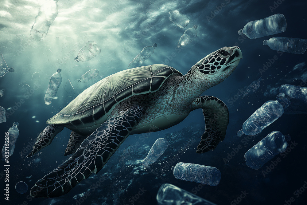 Fototapeta premium A Stark Reminder of Human Impact on the Environment: Plastic Pollution Covering the Ocean’s Surface, Illustrating the Urgency to Stop Polluting and Start Protecting Our Seas and Marine Life