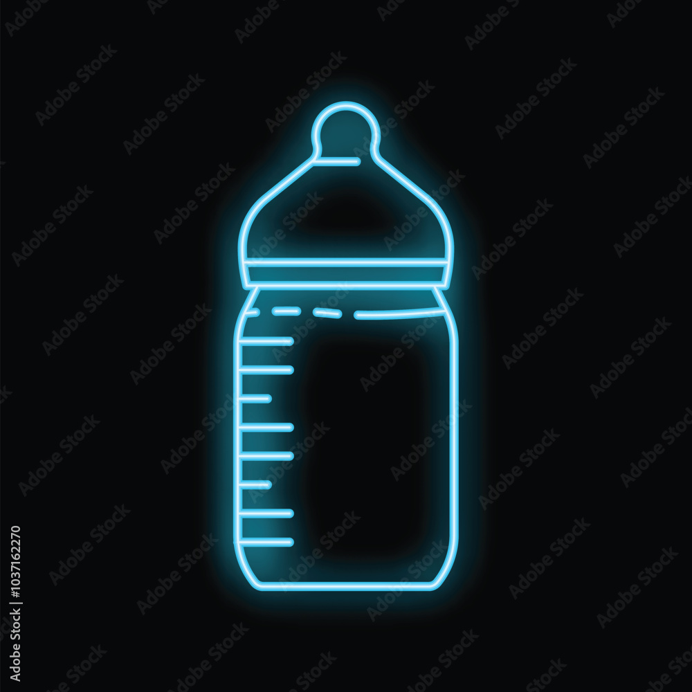 Single neon blue baby bottle glowing on a black background Single neon blue baby bottle glowing on a black background