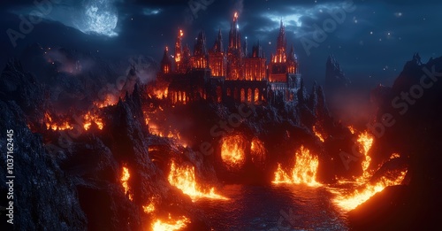 Nightmarish Citadel of Flames. AI generated illustration.