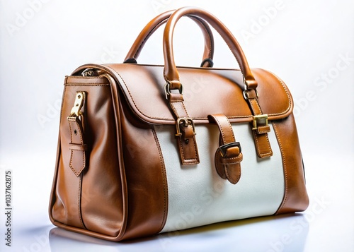 Brown and White Leather Bag Isolated on White Background for Fashion and Lifestyle Photography