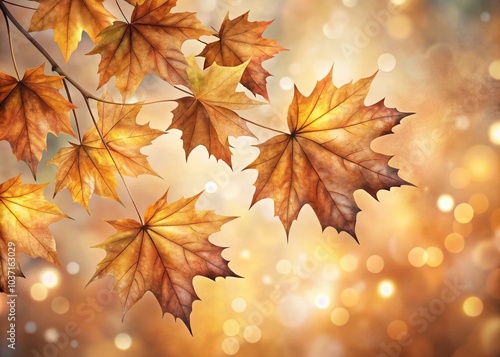 Brown Watercolor Maple Leaves for Autumn Background with Bokeh Effect