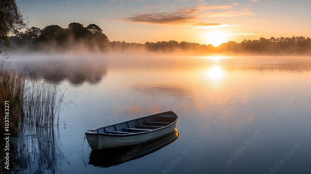 Naklejka premium 184. A serene lakeside scene at sunrise, with mist rising from the water and a lone boat floating