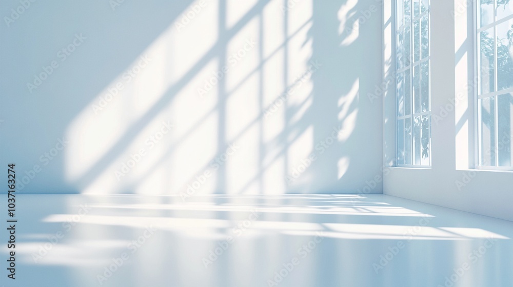 Sunlight streaming through large windows casts geometric shadows on pristine white walls and floors, creating a serene and minimalist interior space.