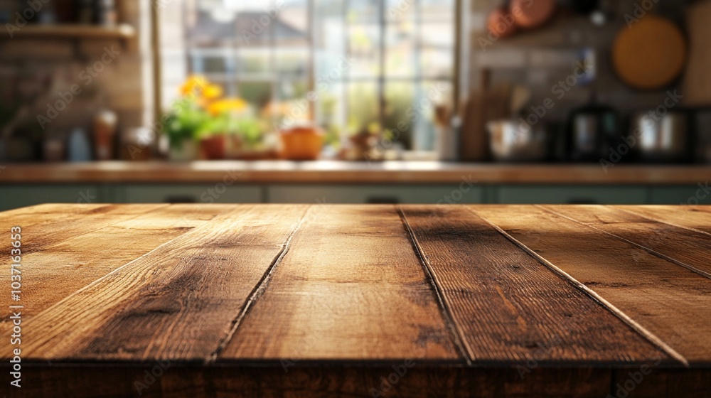 Rustic wooden table in cozy kitchen setting, blurred background with window and kitchenware, warm sunlight streaming in, creating inviting atmosphere. Rustic wooden table in cozy kitchen setting, blurred background with window and kitchenware, warm sunlight streaming in, creating inviting atmosphere.