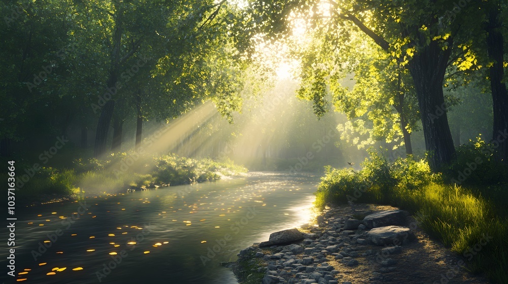 187. A peaceful river winding through a forest, with sunlight filtering through the leaves above 187. A peaceful river winding through a forest, with sunlight filtering through the leaves above