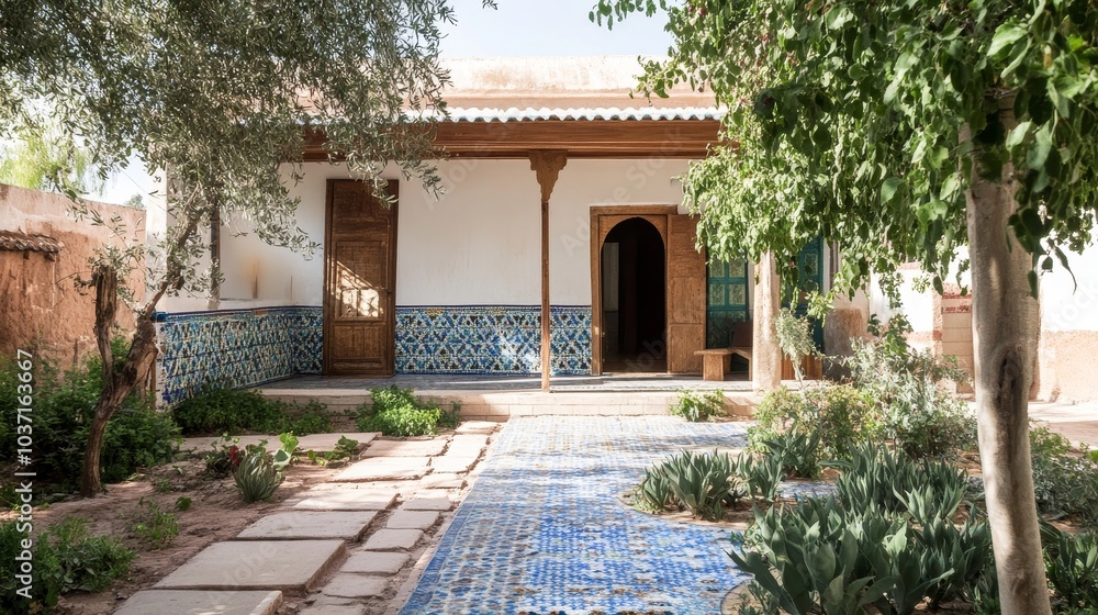 A beautifully tiled courtyard with lush greenery and wooden accents, creating a peaceful and inviting outdoor space. A beautifully tiled courtyard with lush greenery and wooden accents, creating a peaceful and inviting outdoor space.